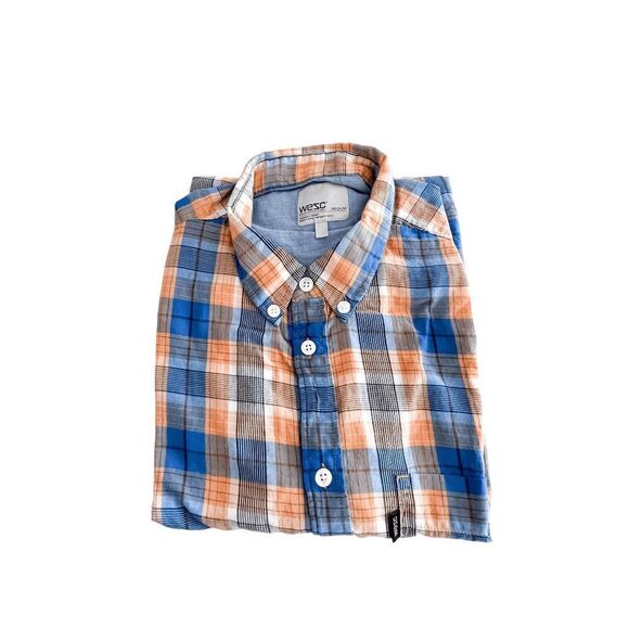 Wesc Mens Shirt Collared Short Sleeve Button Down Orange Blue Medium - Picture 7 of 7